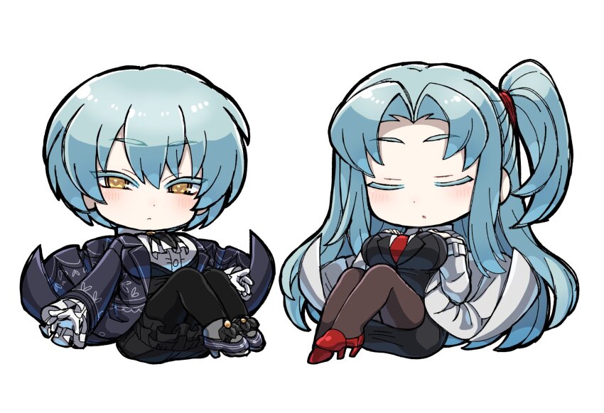 2girls angela_(project_moon) black_pantyhose black_skirt blue_coat blue_hair breasts brown_pantyhose closed_eyes coat dual_persona frilled_skirt frills high_heels highres lab_coat large_breasts library_of_ruina lobotomy_corporation long_hair multiple_girls one_side_up pantyhose parted_bangs pencil_skirt project_moon red_footwear shoes short_hair simple_background skirt very_long_hair white_background white_coat yagidon