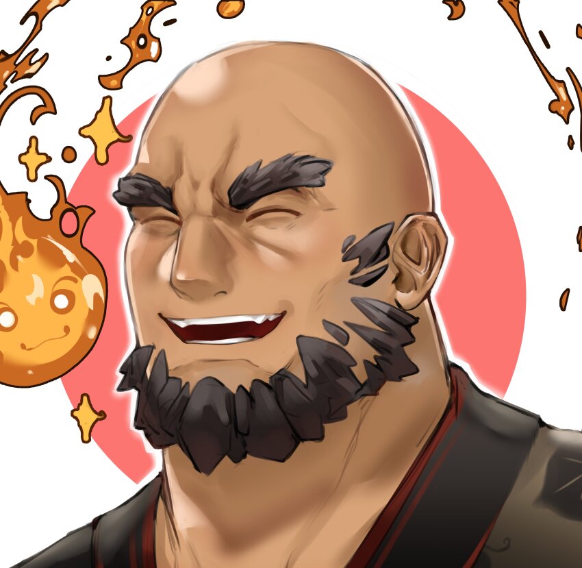 1boy ^_^ absurdres bald bara beard black_kimono closed_eyes dark-skinned_male dark_skin facial_hair fire happy highres japanese_clothes kimono large_pectorals male_focus mature_male nongnakk pectorals portrait prometheus_(housamo) pyrokinesis short_hair solo thick_eyebrows thick_neck tokyo_houkago_summoners