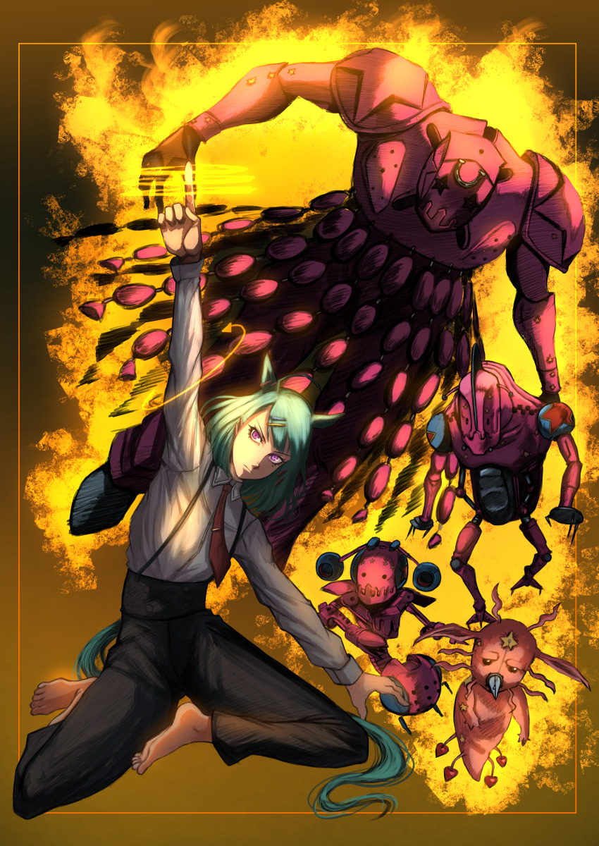 1girl absurdres ahoge animal_ears aqua_hair arm_up asymmetrical_bangs barefoot black_pants blunt_bangs collared_shirt commentary earclip full_body hair_ornament hairclip hasewo high-waist_pants highres horse_ears horse_girl horse_tail jojo_no_kimyou_na_bouken long_sleeves medium_hair necktie pants purple_eyes red_necktie shirt sitting stand_(jojo) steel_ball_run sugar_lights_(umamusume) suspenders tail tie_clip tusk_(stand) tusk_act1 tusk_act2 tusk_act3 tusk_act4 umamusume white_shirt