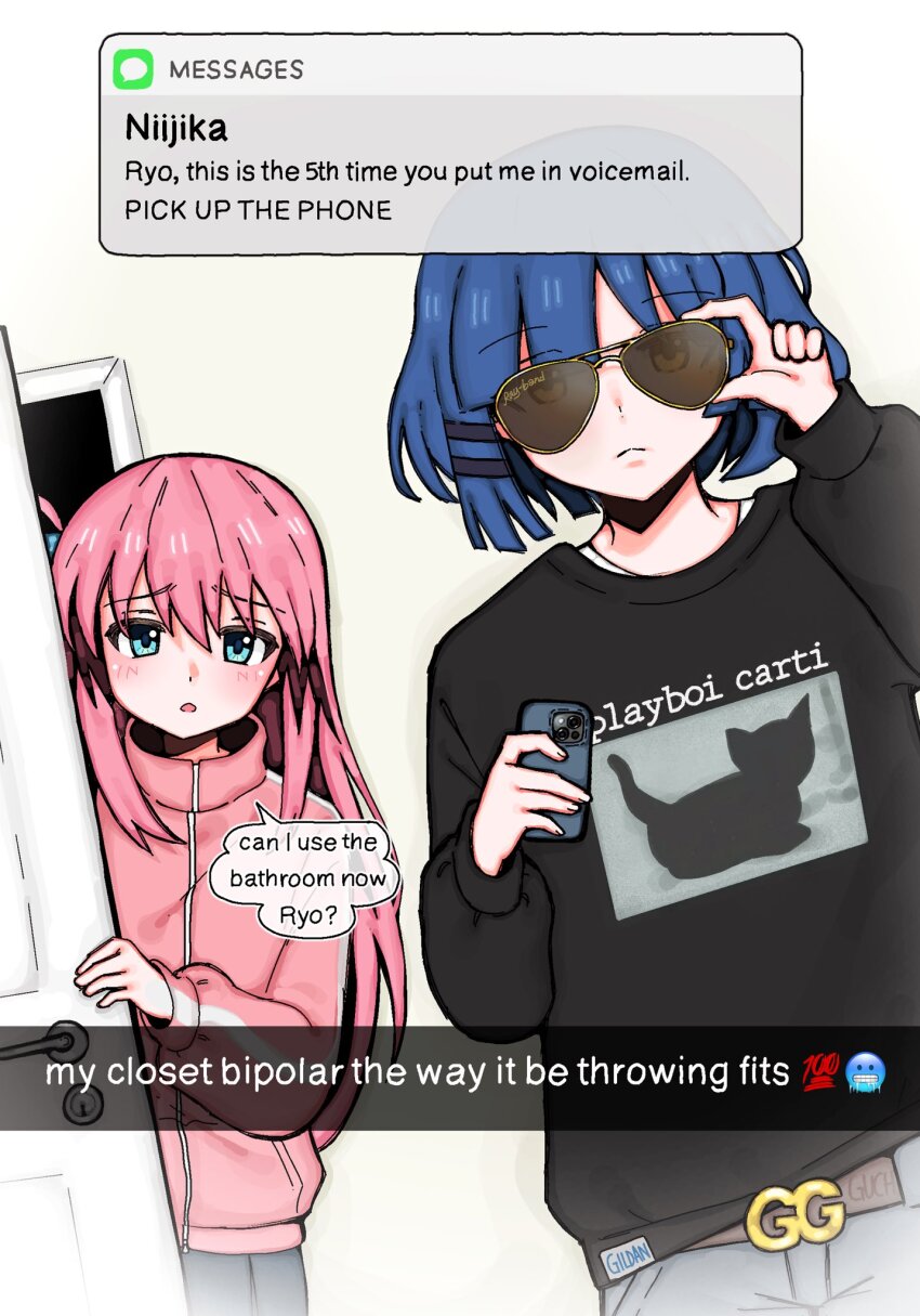 100_points_emoji 2girls adjusting_eyewear ahoge alternate_costume black_shirt blue_eyes blue_hair bocchi_the_rock! cellphone cold_face_emoji cube_hair_ornament denim door emoji english_text gotoh_hitori hair_ornament hairclip highres holding holding_phone ijichi_nijika jeans long_hair long_sleeves looking_at_viewer medium_hair multiple_girls notification opening_door pants phone pink_hair pink_track_suit selfie shirt side_ahoge snale sunglasses track_suit twitter_username yamada_ryo yellow_eyes