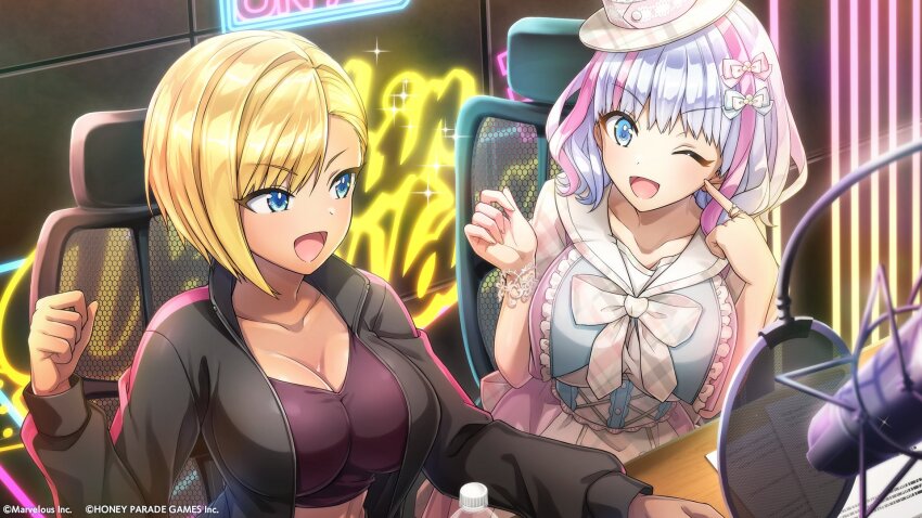 2girls blonde_hair blue_eyes bow breasts chair cleavage dark-skinned_female dark_skin dolphin_wave hair_bow hat highres jacket kukuri_tomo large_breasts microphone multicolored_hair multiple_girls murahaya_mashio official_art on_chair one_eye_closed ootomo_takuji open_clothes open_jacket pink_hair puffy_sleeves purple_hair sailor_collar short_hair swept_bangs two-tone_hair wavy_hair