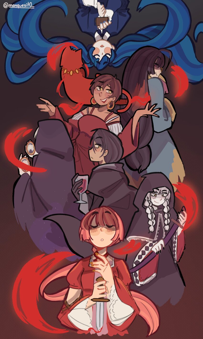 1boy 6+girls ahoge alcohol alternate_hair_color aqua_kimono arm_cutout back black_capelet black_cloak black_dress black_gloves black_hair black_nails blood blue_dress blue_hair blue_nails blunt_bangs blush_stickers braid breasts brown_hair capelet cat choker cloak clockworker&#039;s_doll closed_eyes collarbone collared_dress cup dagger dark-skinned_female dark-skinned_male dark_skin dokoka_de_kiita_uta_(vocaloid) dress drinking_glass earrings evillious_nendaiki four_mirrors_of_lucifenia frilled_sleeves frills gavel glass_of_conchita gloves grin hammer hatsune_miku highres holding holding_cup holding_dagger holding_hammer holding_knife holding_mirror holding_sword holding_weapon hood hood_down hood_up hooded_capelet hooded_cloak houtei_no_nushi irina_clockworker japanese_clothes jewelry juliet_sleeves katana kimono knife large_breasts light_blush long_hair long_sleeves looking_at_another low_twin_braids manque megurine_luka meiko_(vocaloid) mirror multiple_girls nekomura_iroha old pale_skin pink_eyes pink_hair ponytail possessed possession puffy_sleeves red_choker red_dress red_fur red_lips red_shirt reincarnation serious shirt short_hair sideways_glance sleeves_past_fingers sleeves_past_wrists small_breasts smile smirk sword twin_braids twintails twitter_username upside-down venom_sword very_long_hair vessel_of_sin vocaloid weapon white_hair wide_sleeves wine wine_glass yellow_eyes