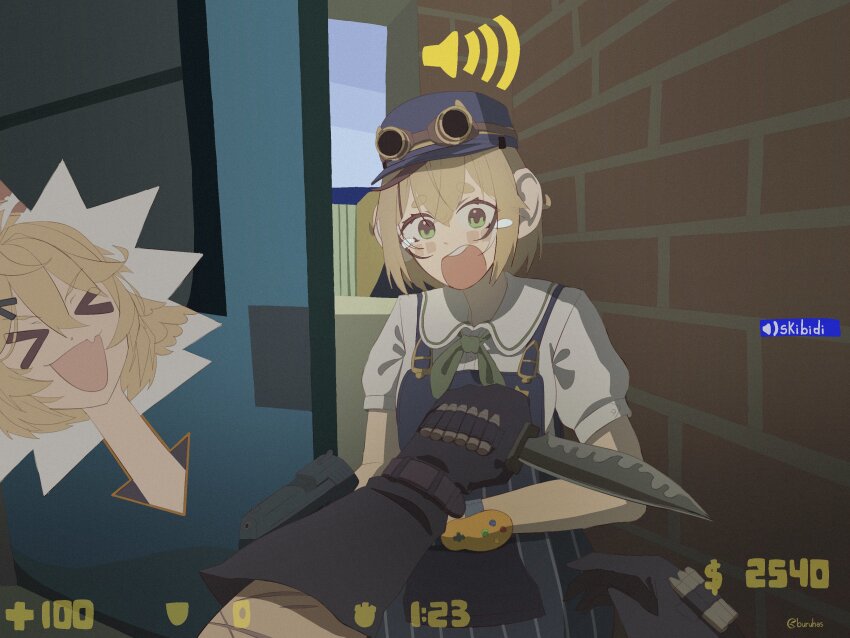 &gt;_&lt; 2girls :d absurdres arrow_(symbol) black_gloves blonde_hair blue_hat blue_overalls blush_stickers brick_wall buruhas collared_shirt commentary counter-strike counter-strike_(series) cowboy_shot dokibird_(vtuber) dokibird_(vtuber)_(bounty_hunter) dooby_(vtuber) door door_stuck_(meme) english_commentary fake_screenshot gloves goggles goggles_on_head green_eyes green_necktie gun hair_ornament hairclip handgun handgun_cartridge hat highres holding holding_gun holding_knife holding_weapon indie_virtual_youtuber indoors knife long_neck meme multiple_girls necktie open_mouth overalls pov scar scar_on_arm shirt short_hair short_sleeves skibidi_toilet_(series) smile tearing_up twitter_username virtual_youtuber volume_symbol weapon white_shirt