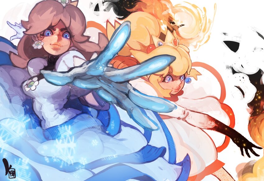 2girls absurdres aiming aiming_at_viewer alternate_color alternate_eye_color alternate_form black_hands blonde_hair blue_dress blue_eyes blue_gloves brooch brown_hair colored_extremities crown cryokinesis dress earrings embers fire fire_peach fireball flower_brooch flower_earrings gloves highres ice_flower jeweled_crown jewelry keziedra lipstick long_dress long_sleeves makeup mario_(series) multiple_girls nintendo outstretched_hand pink_lips ponytail powering_up princess_daisy princess_peach puffy_short_sleeves puffy_sleeves pyrokinesis reaching reaching_towards_viewer short_sleeves smile snowflakes sphere_earrings thick_lips v-shaped_eyebrows