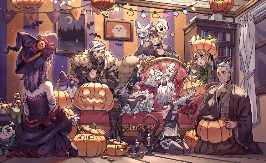 animal animal_ears animal_on_shoulder bandages banner beard black_hair blonde_hair bookshelf boots broom candle character_doll couch doll facial_hair fate/grand_order fate_(series) fou_(fate) fujimaru_ritsuka_(male) gloves grey_hair hakama halloween hand_on_own_chin hat helena_blavatsky_(fate) highres hockey_mask jack-o&#039;-lantern jack_the_ripper_(fate/apocrypha) japanese_clothes kimono mash_kyrielight mask navel nikola_tesla_(fate) nursery_rhyme_(fate) painting_(object) paul_bunyan_(fate) pumpkin_hat purple_hair seiza sitting smile stroking_own_chin tail thigh_boots thumbs_up wenny02 white_hair william_tell_(fate) witch_hat yagyuu_munenori_(fate)