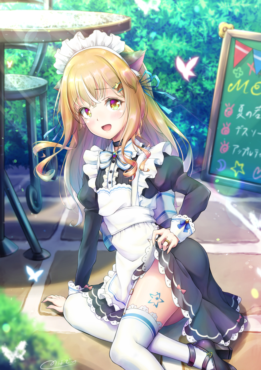 1boy :d androgynous animal_ear_fluff animal_ears ankle_strap apron arm_support black_shirt black_shoes black_skirt blonde_hair blouse blurry blurry_background blurry_foreground bug butterfly cat_ears choker clothes_lift crossdressing day dress_shirt garter_straps hair_ornament high_heels highres insect jewelry lifting_own_clothes long_hair long_sleeves looking_at_viewer maid maid_headdress male_focus mary_janes miniskirt natsusora_wakana novady open_mouth original outdoors ring shirt shoes sitting skirt skirt_lift smile solo star_(symbol) star_hair_ornament strappy_heels thighhighs trap white_apron white_thighhighs yellow_eyes