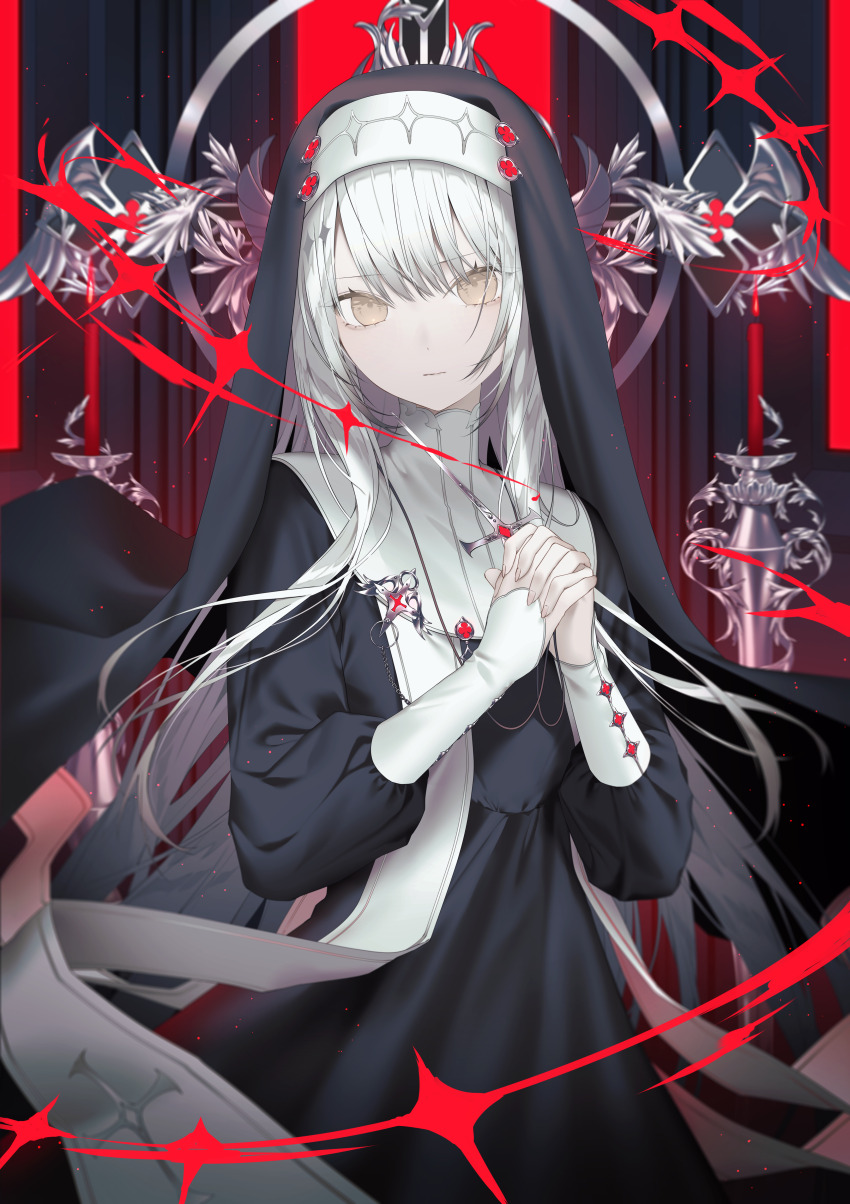 1girl absurdres black_dress black_veil cross cross_necklace dress highres holding jewelry kotarou_(kot_mochi) long_hair long_sleeves looking_at_viewer necklace nun original own_hands_clasped own_hands_together solo traditional_nun veil white_hair yellow_eyes