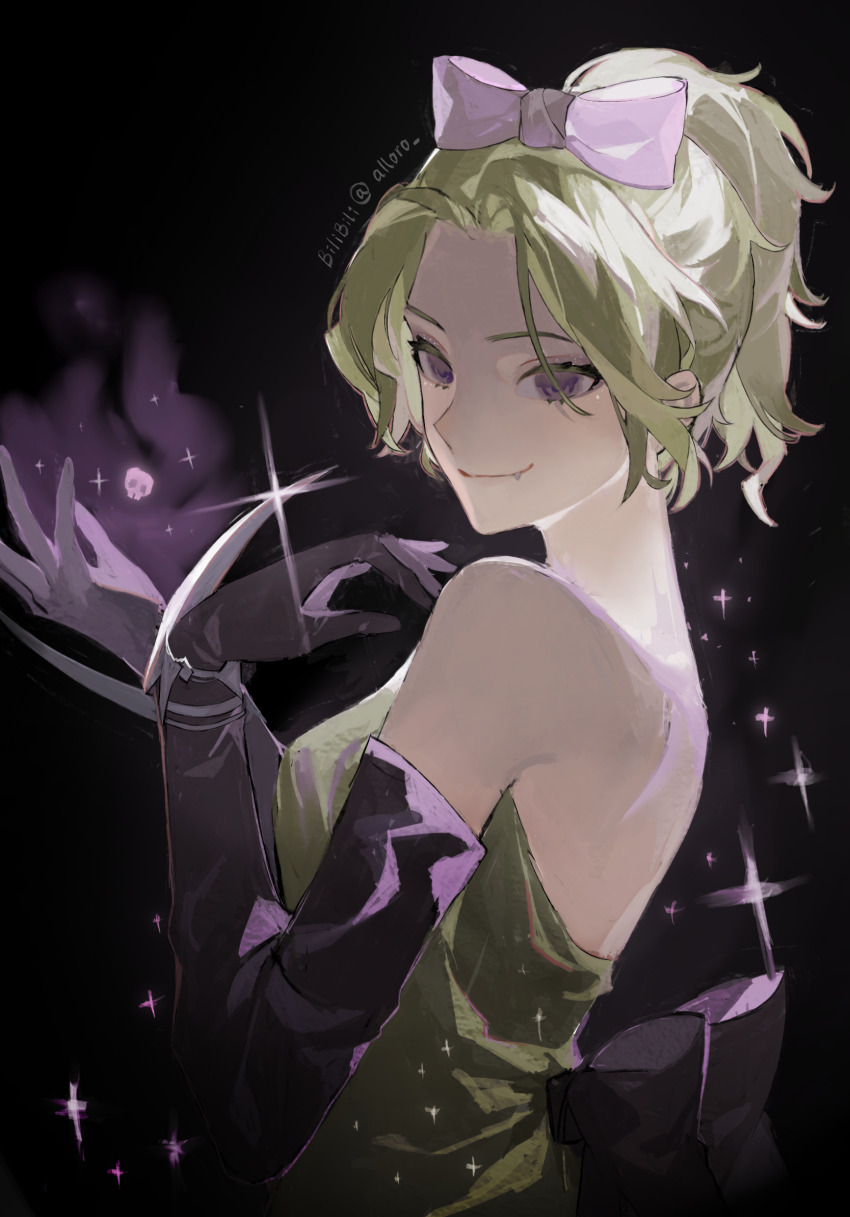 1girl back_bow backless_dress backless_outfit backlighting bare_shoulders bilibili_username black_background black_bow black_gloves bow breasts chinese_commentary closed_mouth commentary_request curtains dress elbow_gloves fang from_behind gloves green_hair hair_bow hands_up high_ponytail highres looking_at_viewer magic official_alternate_costume personification pink_bow plants_vs._zombies plants_vs._zombies_2 pokra_(plants_vs._zombies) ponytail short_hair simple_background small_breasts smile snniou solo sparkle strapless strapless_dress upper_body
