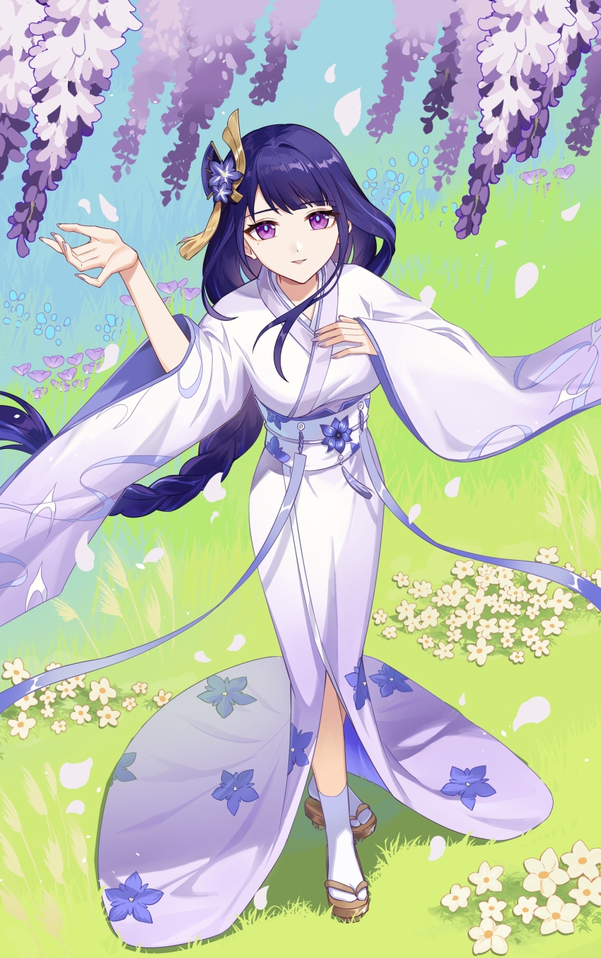 1girl absurdres alternate_costume arm_up blue_pupils blue_sky blunt_bangs braid cherry_blossoms chinese_commentary falling_petals fan_hair_ornament flower flower_ornament from_above full_body genshin_impact gradient_background gradient_hair grass hair_ornament hand_on_own_chest head_tilt highres japanese_clothes kimono long_braid long_sleeves looking_at_viewer looking_up mole mole_under_eye multicolored_eyes multicolored_hair outdoors parted_lips petals pink_lips pink_petals purple_eyes purple_flower purple_hair purple_kimono purple_nails qiufengsuoyi raiden_shogun sash shade single_braid sky socks solo standing streaked_hair teeth white_sash white_socks wide_sleeves wisteria