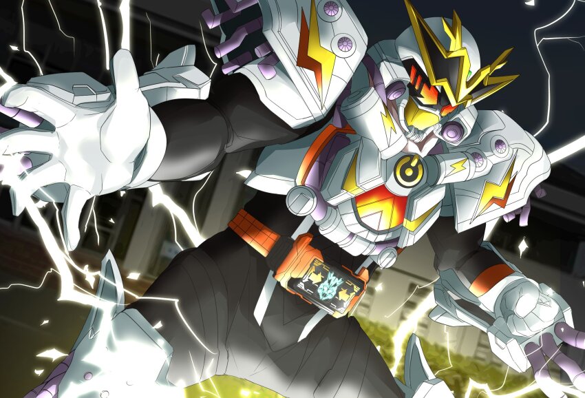 1boy armor black_bodysuit bodysuit cable rider_belt dutch_angle foreshortening gauntlets gloves gotcha_driver highres kamen_rider kamen_rider_gotchard kamen_rider_gotchard_(series) lightning lightning_bolt_symbol lightningjungle male_focus miyabi_(037) orange_eyes outstretched_arms power_armor rider_belt spread_arms spread_legs thighs tokusatsu whip white_gloves