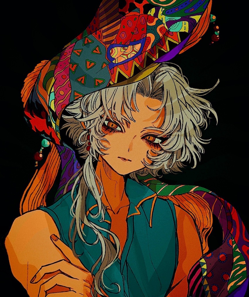 1boy aqua_vest bare_shoulders beads brown_eyes collared_vest curtained_hair eyelashes final_fantasy final_fantasy_ii firion grey_hair hand_on_own_arm highres long_hair looking_at_viewer male_focus multicolored_headscarf nayo_(kr_000515) orange_nails parted_bangs scarf slit_pupils solo unworn_headwear unworn_scarf upper_body vest