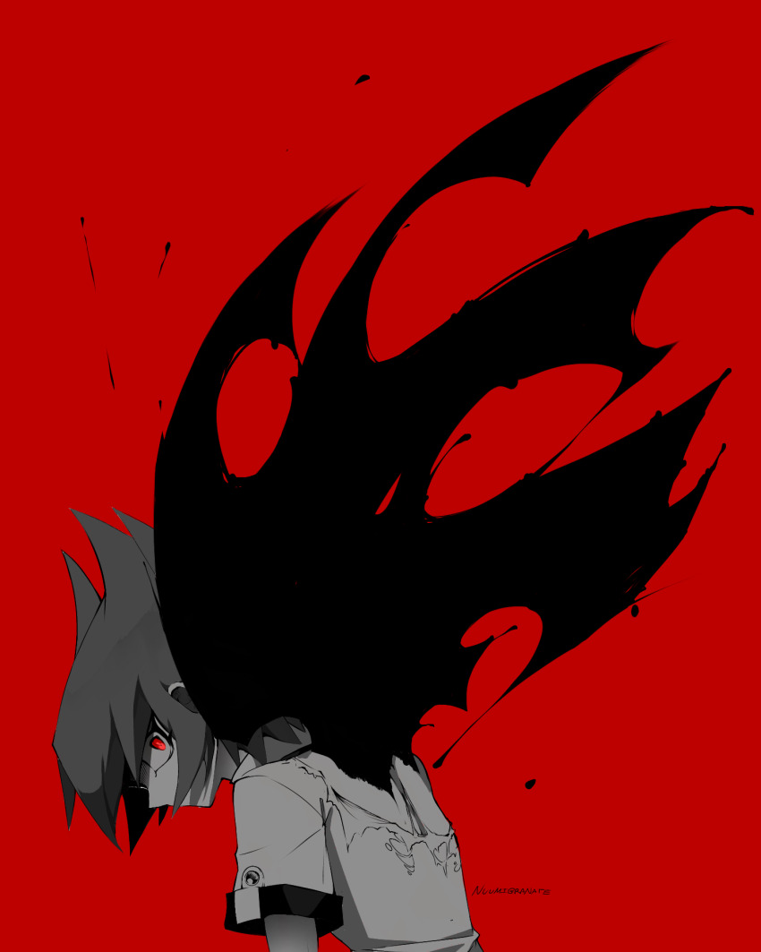 1boy arms_at_sides artist_name corruption demon_wings dress_shirt facing_to_the_side grey_hair grey_shirt hair_slicked_back highres hunched_over leaning_forward looking_to_the_side male_focus nuumigranate partially_colored red_background red_eyes school_uniform shadow shirt spiked_hair spot_color torn_clothes torn_shirt turning_head upper_body vector_(yu-gi-oh!) wings yu-gi-oh! yu-gi-oh!_zexal
