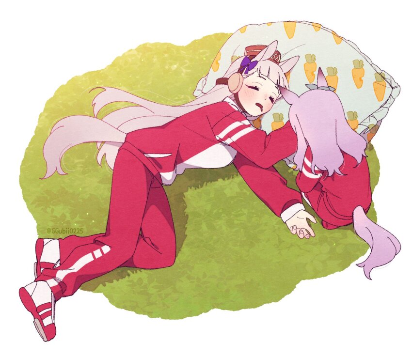 2girls animal_ears bow brown_headwear commentary_request ear_ribbon ggubii0225 gold_ship_(umamusume) grey_hair gym_uniform highres horse_ears horse_girl horse_tail horseshoe_ornament jacket korean_commentary long_hair lying mejiro_mcqueen_(umamusume) multiple_girls on_side pants pillbox_hat pillow red_jacket red_pants red_track_suit sleeping tail tracen_training_uniform track_jacket track_pants track_suit twitter_username umamusume umamusume_(anime) yogibo