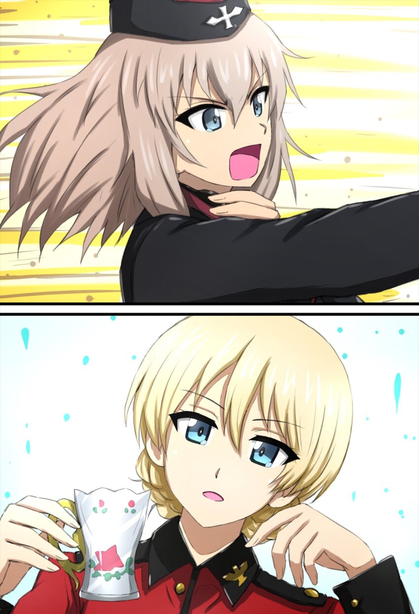 2girls black_hat black_jacket blonde_hair blue_eyes braid commentary cup darjeeling_(girls_und_panzer) garrison_cap girls_und_panzer girls_und_panzer_saishuushou grey_hair hand_on_own_neck hat highres holding holding_cup insignia itsumi_erika jacket kuromorimine_military_uniform long_sleeves looking_at_viewer looking_to_the_side medium_hair military_hat military_uniform motion_lines multiple_girls omachi_(slabco) open_mouth red_jacket short_hair st._gloriana&#039;s_military_uniform teacup textless_version throat_microphone twin_braids