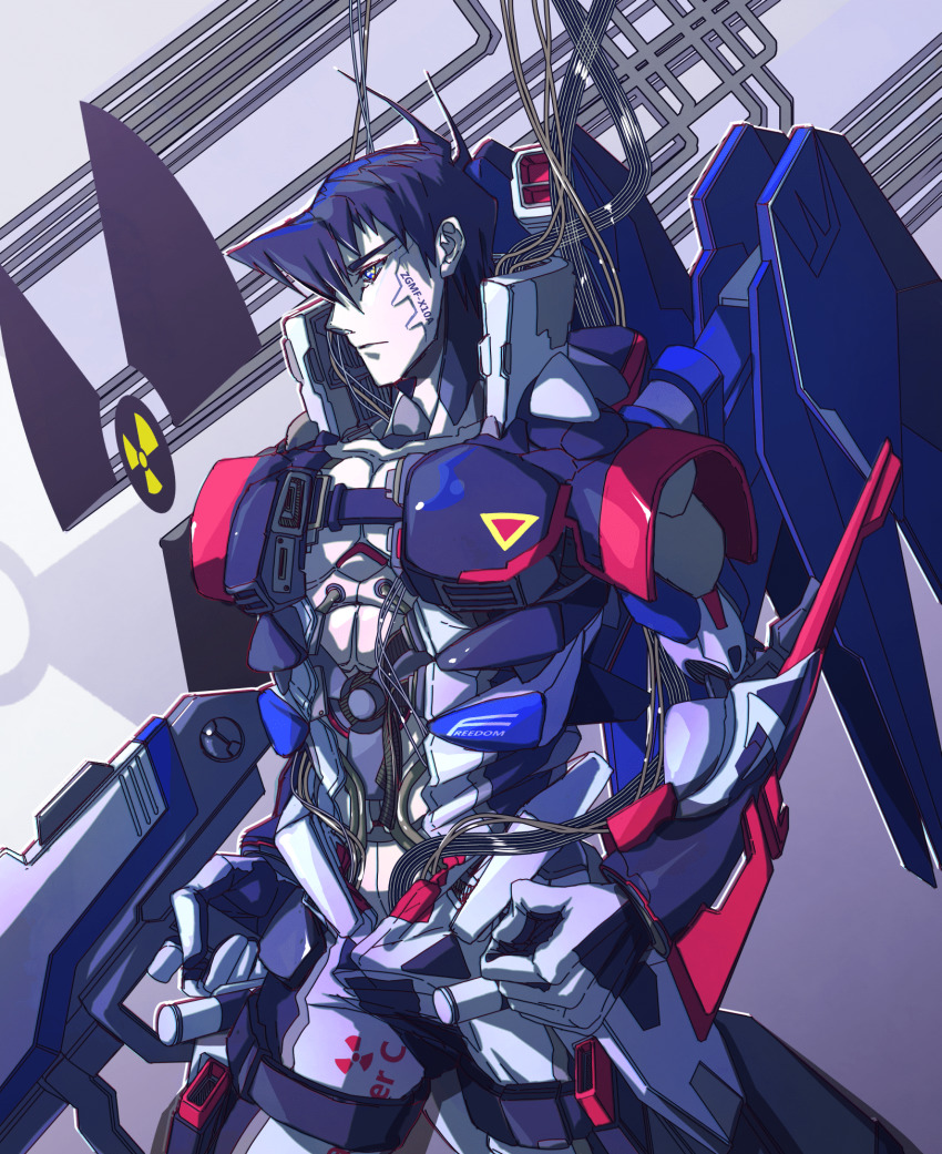 1boy 8823 black_hair blue_eyes clenched_hands freedom_gundam gun gundam gundam_seed highres holding holding_gun holding_weapon looking_down male_focus mecha_danshi mechanical_wings personification solo weapon wings wire