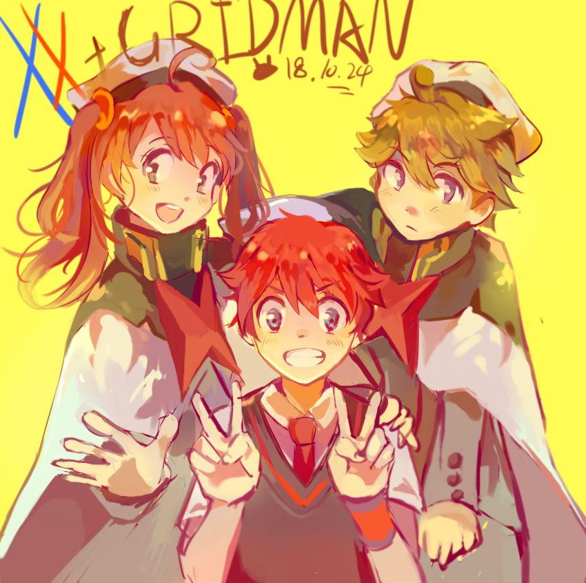 10s 1girl 2boys absurdres blue_eyes capelet collared_shirt darling_in_the_franxx gridman_universe hat hibiki_yuuta highres looking_at_viewer miku_(darling_in_the_franxx) military military_uniform multiple_boys necktie peaked_cap red_hair red_neckwear school_uniform shirt short_hair short_sleeves ssss.gridman twintails v vest waistcoat white_shirt wing_collar zorome_(darling_in_the_franxx)