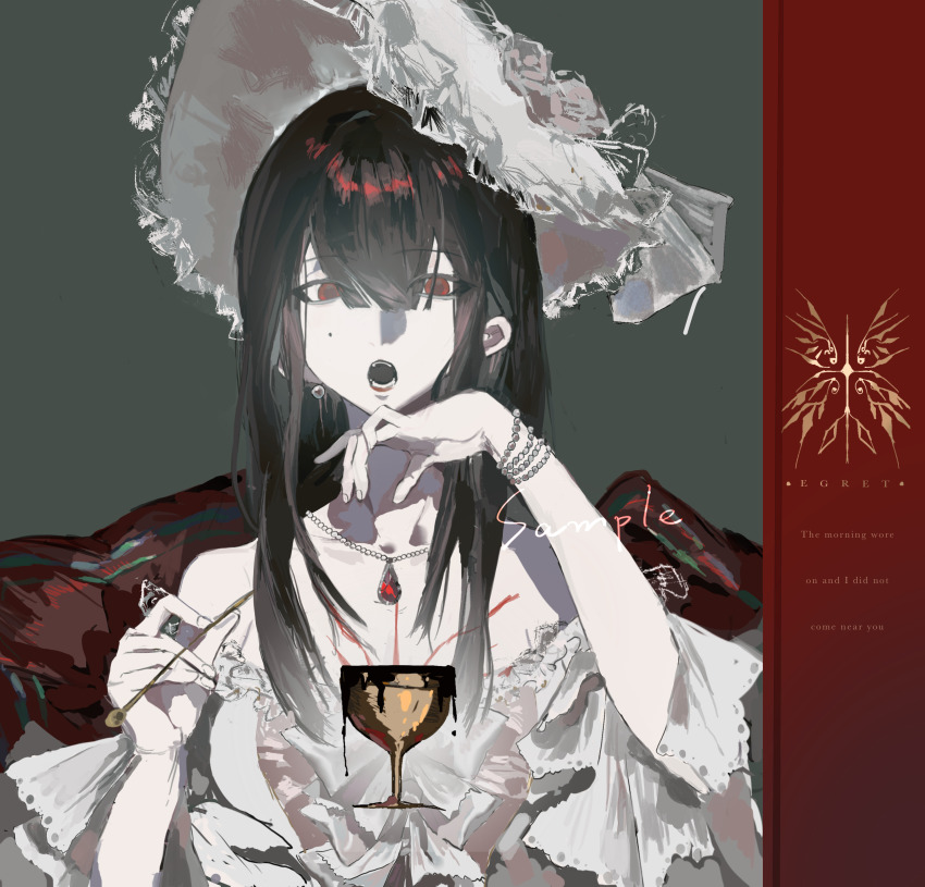 1girl absurdres black_hair bracelet breasts chalice chinese_commentary commentary_request cup dress earrings english_text hair_between_eyes hat highres jewelry kuma_(yoooooooo152) large_breasts long_hair mole mole_on_cheek necklace open_mouth original pearl_bracelet pearl_earrings pearl_necklace pendant red_eyes red_lips sample_watermark sidelocks solo upper_body watermark white_dress white_hat