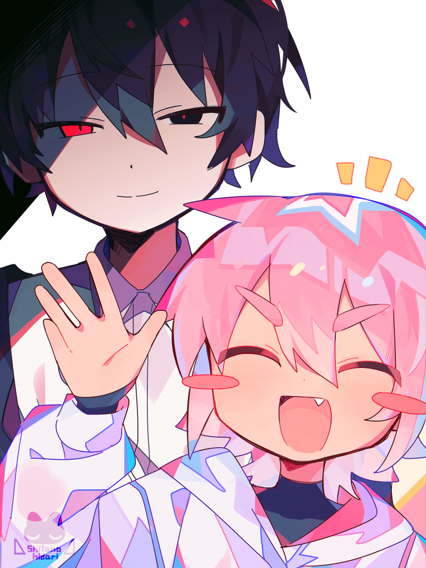 2boys :d ^_^ absurdres artist_logo black_eyes black_hair black_shirt blush_stickers closed_eyes closed_mouth collared_shirt commentary_request contrast fang hair_between_eyes hand_up happy height_difference heterochromia highres hood hood_down hoodie logo long_sleeves male_focus multiple_boys notice_lines open_mouth original raito-kun_(uenomigi) red_eyes red_pupils shirt short_hair shou_(uenomigi) simple_background smile tsurime uenomigi v-shaped_eyebrows white_background white_hoodie white_shirt