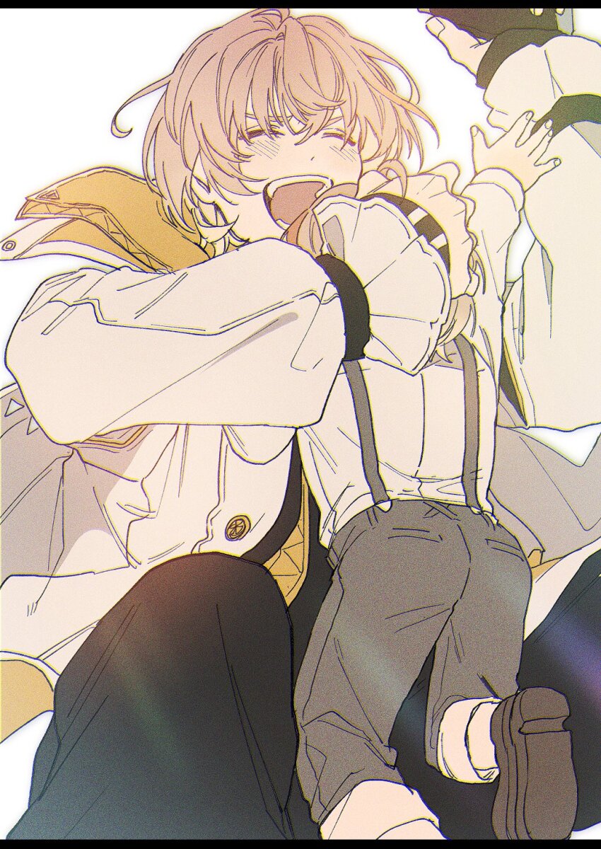 2boys :d ^_^ aged_down ahoge arm_up black_pants black_shirt blonde_hair brown_shoes buttons child chromatic_aberration closed_eyes coat commentary_request dual_persona facing_away from_behind fura_kanato fura_kanato_(1st_costume) grey_pants hair_between_eyes hand_on_another&#039;s_head happy highres hug kaburagi_(pnoir087) long_sleeves male_focus multiple_boys nijisanji open_clothes open_coat open_mouth pants shirt shoes short_hair simple_background sleeves_past_wrists smile suspenders teeth time_paradox two-sided_coat two-sided_fabric virtual_youtuber white_background white_coat white_shirt