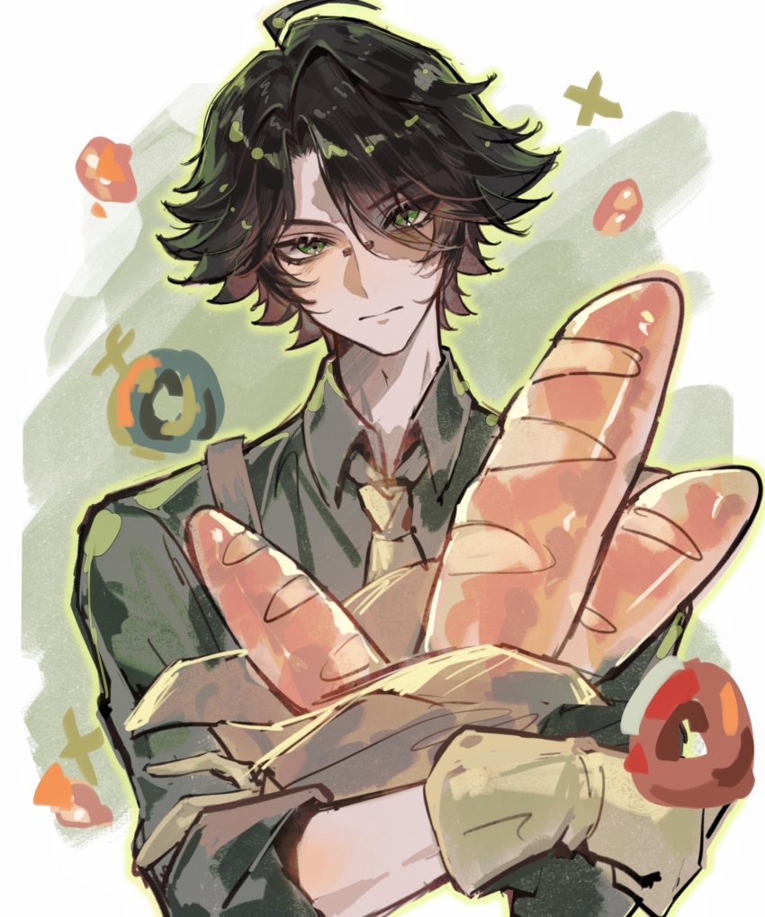 1boy absurdres ahoge bag baguette black_hair border bread burn_scar closed_mouth collared_shirt curtained_hair expressionless eyes_visible_through_hair face_piercing flipped_hair food gloves green_background green_eyes green_outline grey_shirt hair_over_one_eye head_tilt highres holding holding_bag hugging_object identity_v light_blush looking_at_viewer magnet male_focus necktie norton_campbell nose_piercing outline outside_border paper_bag piercing scar shirt short_hair sleeves_rolled_up solo straight-on suspenders swept_bangs upper_body white_border yellow_gloves yellow_necktie zhumojian