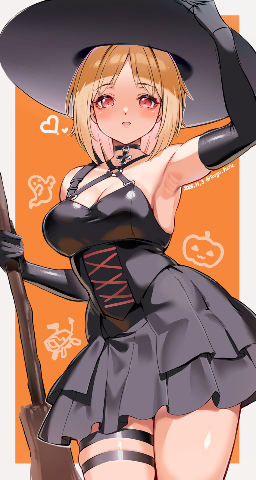 1girl arm_up armpits artist_name black_choker black_dress black_gloves black_hat blonde_hair border breasts broom choker cleavage cross dated dress elbow_gloves frilled_dress frills girls&#039;_frontline gloves halloween hand_up hat highres holding holding_broom iron_cross large_breasts looking_at_viewer medium_hair mp40_(girls&#039;_frontline) open_mouth orange_background red_eyes solo thigh_strap toryu_fufu white_border witch_hat