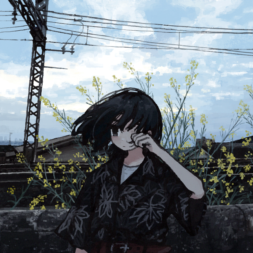 1girl :| absurdres adjusting_hair arm_at_side belt black_eyes black_hair black_shirt blue_sky closed_mouth cloud cloudy_sky day expressionless floating_hair floral_print hand_in_own_hair highres house looking_ahead original outdoors overhead_line plant print_shirt railroad_tracks red_belt shirt short_hair short_sleeves sky solo stone_wall truss uniunimikan wind