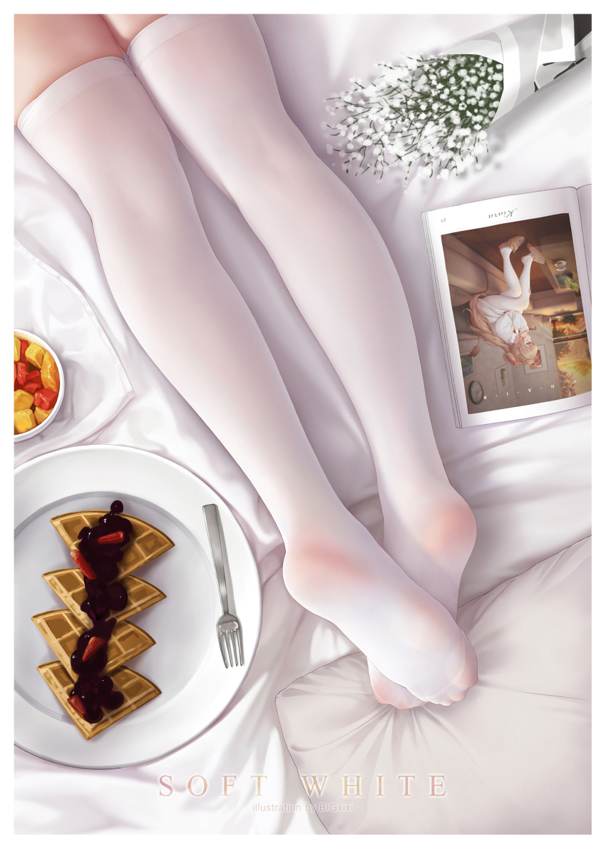 1girl artist_name bigxixi book english_text feet flower food foot_focus fork highres lying no_shoes on_bed on_stomach open_book original photo_(object) pillow plate soles solo thighhighs white_flower white_thighhighs