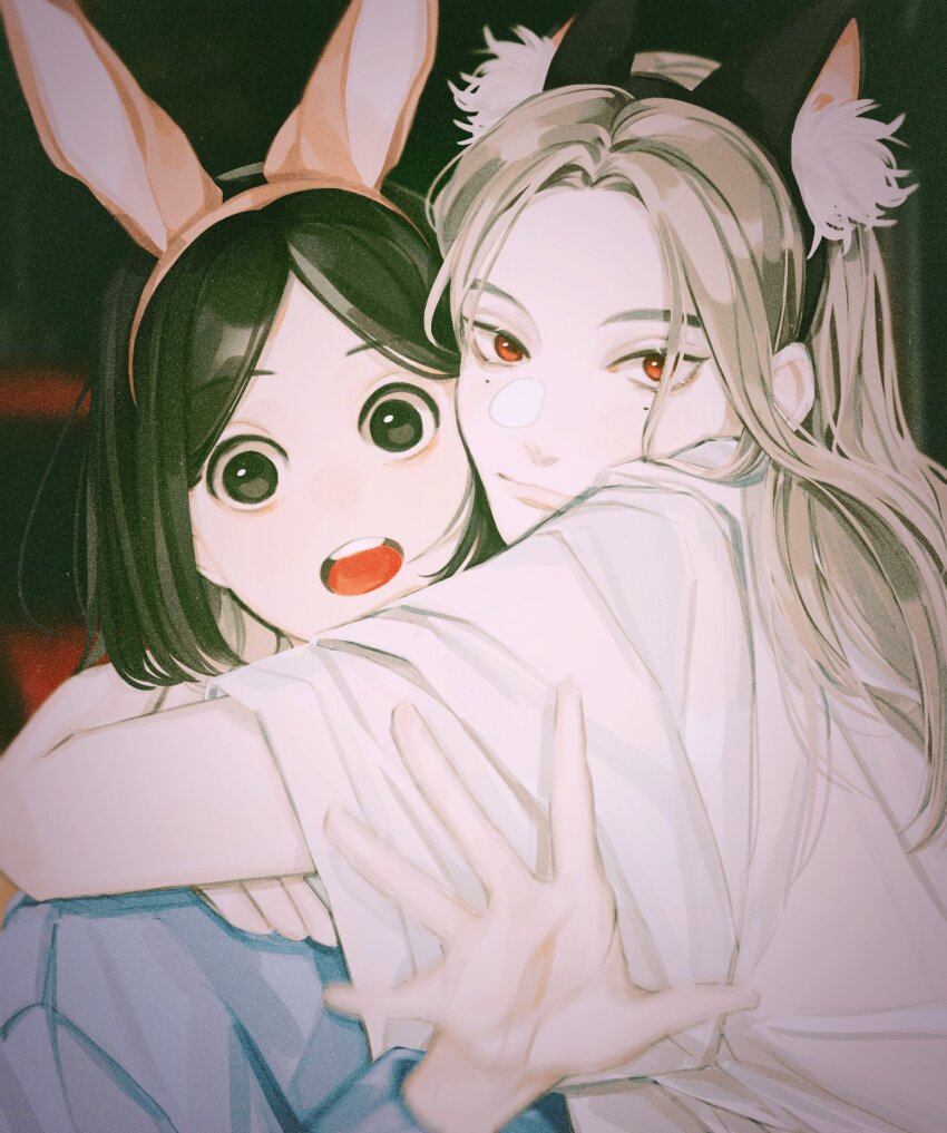 1boy 1girl animal_ears black_hair bob_cut closed_mouth commentary fake_animal_ears highres hug long_hair looking_at_viewer luca_(nnaramonn) mole nnaramonn open_mouth original red_eyes shirt symbol-only_commentary t-shirt teeth upper_body upper_teeth_only white_hair white_shirt yuki_(nnaramonn)