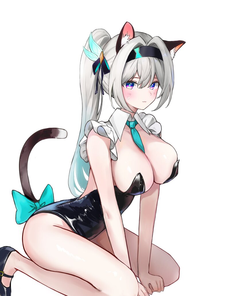 1girl :3 absurdres animal_ears between_breasts black_hairband black_leotard black_ribbon black_shoes blush bow breasts brown_tail cat_ears cat_tail collar dana_(hapong07) firefly_(honkai:_star_rail) gradient_eyes green_bow green_necktie green_pupils grey_hair hair_between_eyes hair_intakes hair_ornament hair_ribbon hairband highres honkai:_star_rail honkai_(series) kneeling large_breasts leotard long_hair multicolored_eyes necktie necktie_between_breasts ponytail ribbon shoes solo strapless strapless_leotard sweatdrop tail tail_bow tail_ornament white_collar