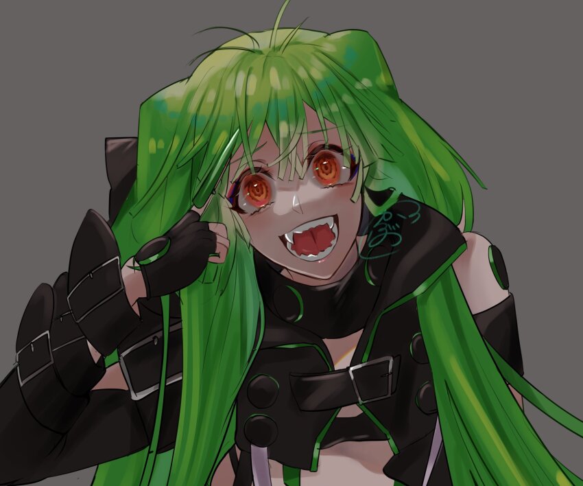 1girl black_bra black_gloves black_jacket bra breasts brown_eyes cropped_jacket eyeshadow fangs fingerless_gloves gloves green_hair grey_background highres jacket kabu_(kaopako_) leaning_forward long_hair looking_at_viewer macross macross_delta macross_delta:_zettai_live!!!!!! macross_frontier makeup open_mouth red_eyeshadow simple_background small_breasts solo underwear very_long_hair yami_ranka