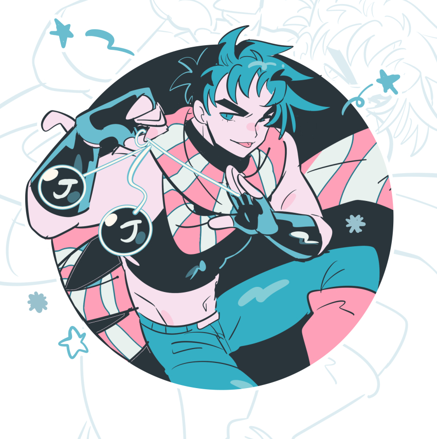 1boy :p battle_tendency black_gloves black_shirt bola_(weapon) boots clacker crop_top drawn_star fingerless_gloves gloves gogeyama green_eyes green_hair green_pants highres jojo_no_kimyou_na_bouken joseph_joestar limited_palette male_focus midriff multicolored_scarf muscular muscular_male navel orange_boots orange_scarf pants scarf shirt solo striped_clothes striped_scarf tongue tongue_out yellow_scarf zoom_layer