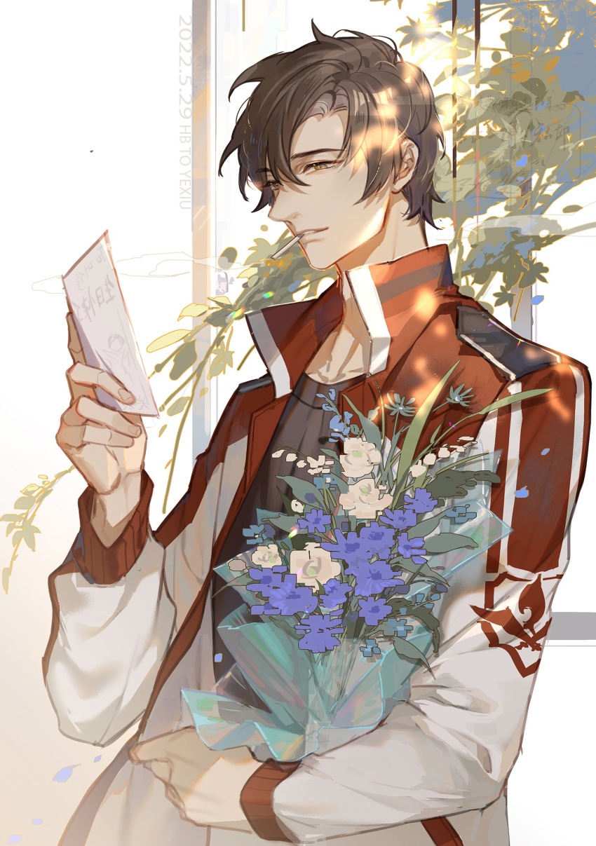 1boy black_shirt blue_flower bouquet brown_eyes brown_hair chinese_commentary cigarette dappled_sunlight dated flower happy_birthday highres holding holding_bouquet holding_paper jacket leaf long_sleeves looking_at_object male_focus multicolored_jacket open_clothes open_jacket paper parted_lips petals plant quan_zhi_gao_shou red_jacket saiyki shirt short_hair smile smoke smoking solo sunlight upper_body white_flower white_jacket window ye_xiu
