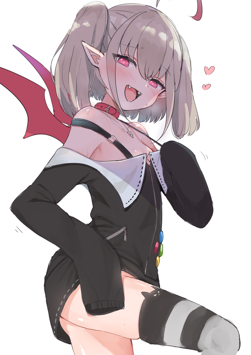 1girl absurdres ahoge animal_ear_legwear badge bare_shoulders belt_collar black_jacket black_skirt black_thighhighs blush breasts button_badge cat_ear_legwear cleavage collar cowboy_shot demon_wings dyed_ahoge fangs from_side grey_hair hair_between_eyes hand_on_own_thigh heart heart-shaped_pupils highres jacket jewelry knee_up looking_at_viewer makaino_ririmu makaino_ririmu_(2nd_costume) medium_hair miniskirt multicolored_hair necklace nijisanji off-shoulder_jacket off_shoulder open_mouth pointy_ears raised_eyebrow red_collar red_eyes red_hair red_wings seductive_smile sidelocks simple_background skirt sleeves_past_fingers sleeves_past_wrists small_breasts smile solo strap_pull strap_slip streaked_hair striped_clothes striped_thighhighs sweat sweatdrop symbol-shaped_pupils tacosu09 thighhighs twintails virtual_youtuber white_background white_thighhighs wings zettai_ryouiki zipper zipper_pull_tab