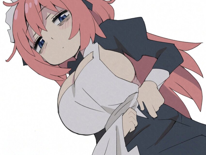 1girl adversarial_noise alternate_costume apron bags_under_eyes black_dress blue_eyes breasts closed_mouth commentary_request dot_mouth dress dressing dutch_angle enmaided highres juliet_sleeves large_breasts long_hair long_sleeves looking_at_viewer maid maid_apron maid_headdress michinoku_komaro pink_hair puffy_sleeves seitokai_ni_mo_ana_wa_aru! sideboob simple_background solo white_background ximu_shilang