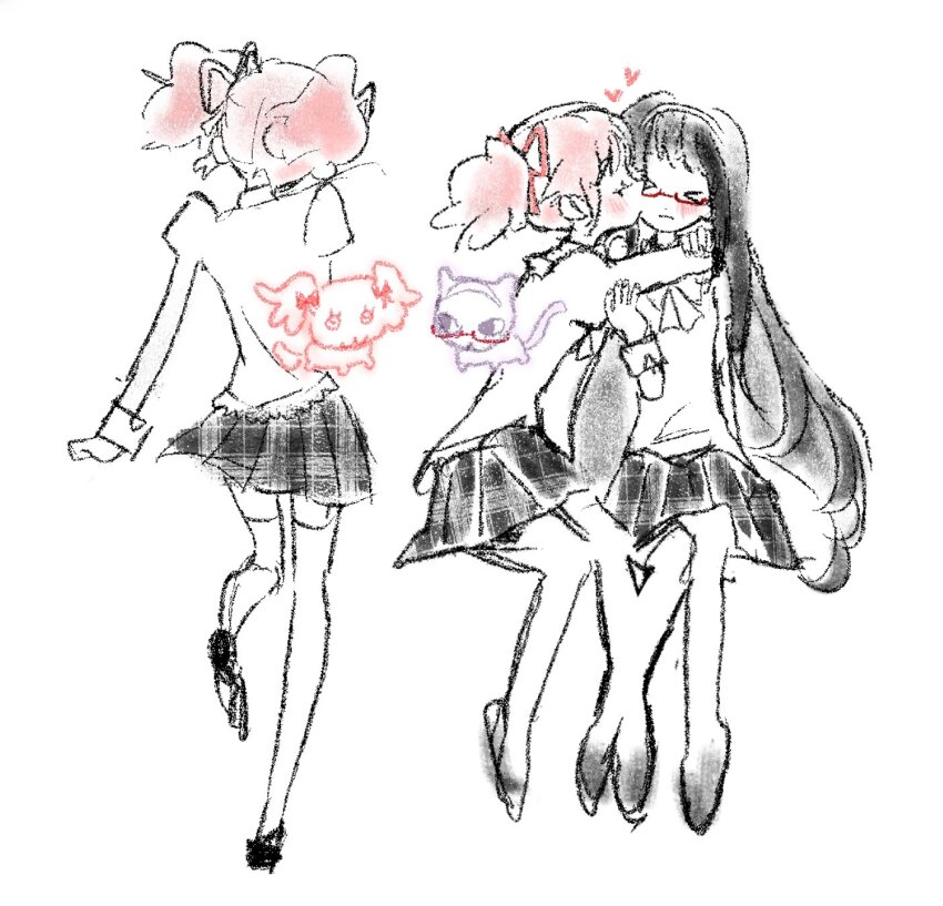 2girls akemi_homura animalization cat ch3cake closed_eyes couple dog highres hug invisible_chair kaname_madoka kiss long_hair mahou_shoujo_madoka_magica mahou_shoujo_madoka_magica_(anime) mitakihara_school_uniform multiple_girls person_and_animalization pink_hair puffy_sleeves red-framed_eyewear school_uniform short_twintails sitting spot_color standing standing_on_one_leg thighhighs twintails yuri