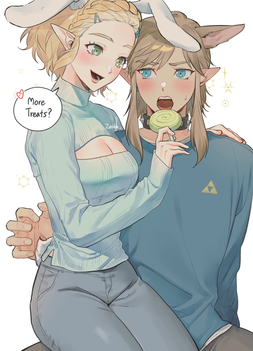 1boy 1girl animal_ear_hairband animal_ears blonde_hair blue_eyes blue_shirt blue_sweater braid breasts candy cleavage cleavage_cutout clothing_cutout collar commentary couple crown_braid fake_animal_ears fake_tail food green_eyes grey_pants hair_ornament hairband hairclip hand_on_another&#039;s_shoulder hetero highres holding holding_candy holding_food holding_lollipop lap_pillow link lollipop nintendo open_mouth pants pointy_ears princess_zelda rabbit_ear_hairband rabbit_ears rabbit_tail shirt speech_bubble spiked_collar spikes sweater symbol-only_commentary tail the_legend_of_zelda the_legend_of_zelda:_tears_of_the_kingdom triforce triforce_print zeldm