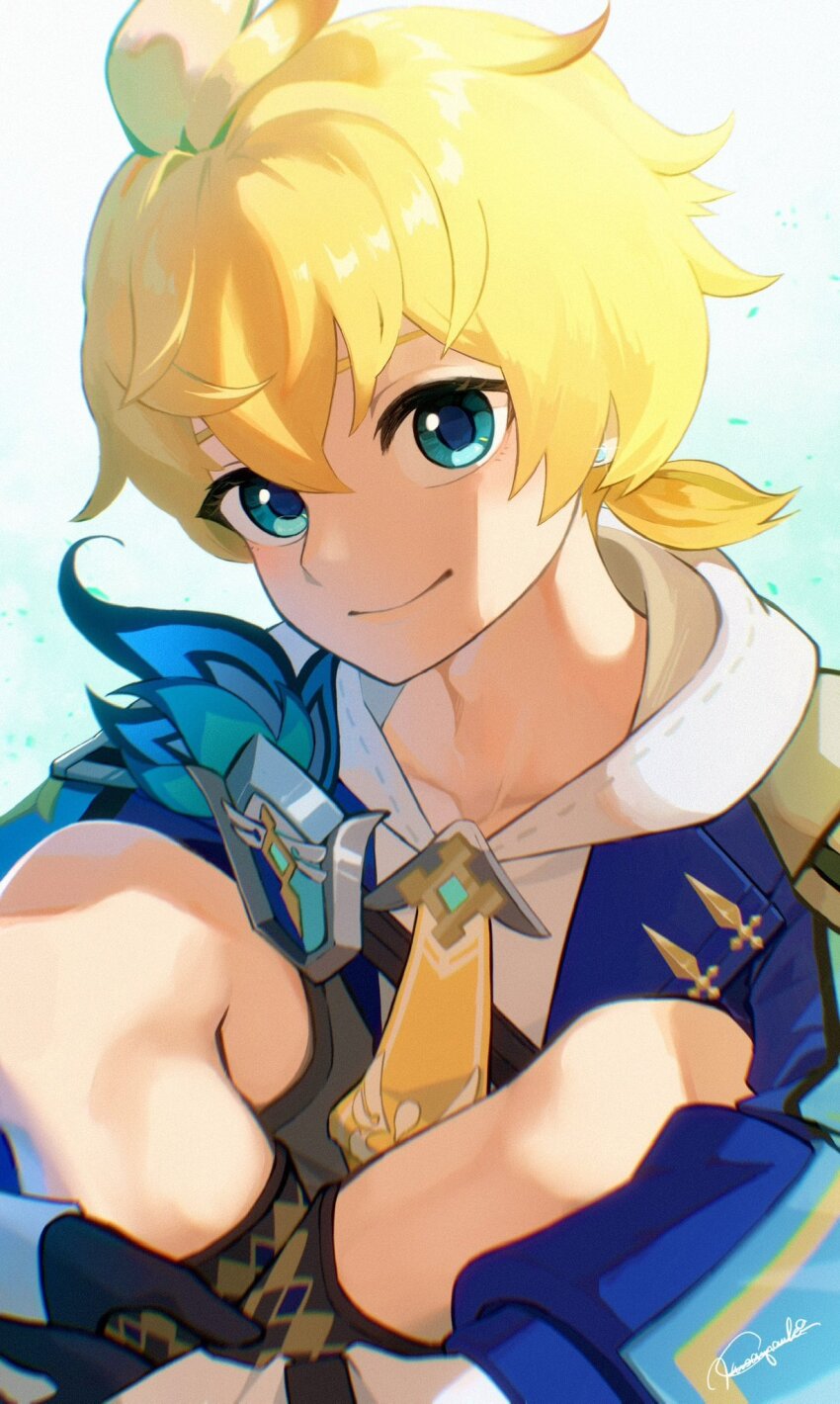 1boy black_gloves blonde_hair blue_eyes blue_jacket commentary_request genshin_impact gloves highres hood hood_down hugging_own_legs jacket looking_at_viewer male_focus mika_(genshin_impact) ponytail shokun_2 signature smile
