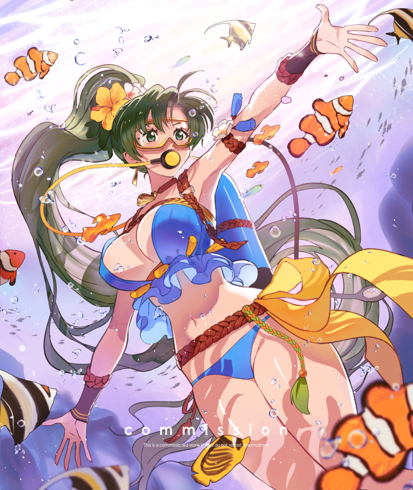 1girl arm_up armpits bikini blue_bikini breasts bubble cleavage commission earrings fire_emblem fire_emblem:_the_blazing_blade fire_emblem_heroes fish flower goggles green_eyes green_hair hair_flower hair_ornament highres jewelry large_breasts long_hair lyn_(fire_emblem) lyn_(lady_of_the_beach)_(fire_emblem) midriff navel neck necklace nintendo official_alternate_costume outstretched_arms ponytail school_of_fish smile snorkel snorkel_in_mouth solo spread_arms strapless strapless_bikini submerged sumustard swimming swimsuit thick_thighs thighs underwater very_long_hair wide_hips