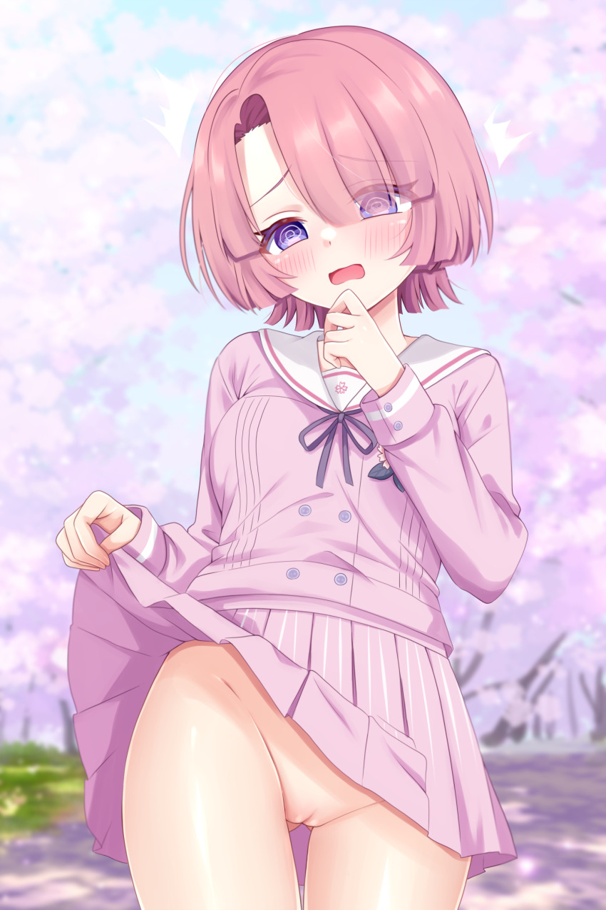 1girl :o @_@ arimura_mao asymmetrical_bangs black_ribbon blurry blurry_background blush breasts cherry_blossoms cleft_of_venus clothes_lift commentary_request cowboy_shot gakuen_idolmaster gluteal_fold highres idolmaster lifting_own_clothes long_sleeves looking_down medium_breasts neck_ribbon no_panties outdoors pink_hair pink_serafuku pleated_skirt purple_eyes pussy ribbon rori_(lovesick_bomb) school_uniform serafuku short_hair skirt skirt_lift solo uncensored