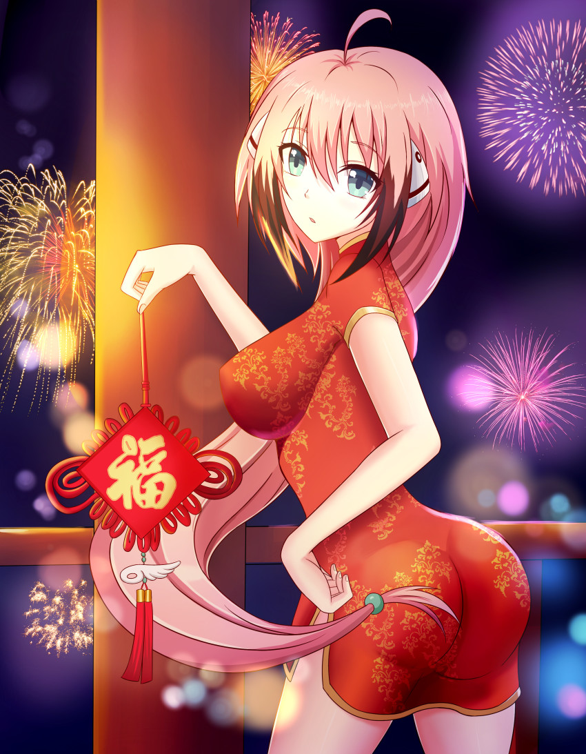 1girl :o absurdres aerial_fireworks ahoge alternate_costume alternate_hairstyle ass breasts brown_hair china_dress chinese_clothes chinese_knot commentary_request dress female_focus feng_mouren fingernails fireworks from_behind gradient_hair hair_between_eyes hand_on_own_hip head_tilt highres holding ikaros impossible_clothes impossible_dress large_breasts leaning_forward long_hair looking_at_viewer looking_back low-tied_long_hair multicolored_hair new_year night night_sky parted_lips pillar ponytail railing red_dress robot_ears short_dress short_sleeves side_slit sidelocks sky solo sora_no_otoshimono standing twisted_torso very_long_hair