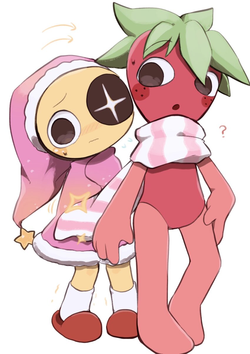 2boys ? arrow_(symbol) astro_(dandy&#039;s_world) black_eyes blush_stickers chibi chibi_only colored_skin covering_with_blanket dandy&#039;s_world food freckles fruit full_body green_hair hat height_difference highres k2s2kv male_focus multiple_boys nightcap roblox scarf shy socks sprout_(dandy&#039;s_world) strawberry striped_clothes striped_scarf white_socks
