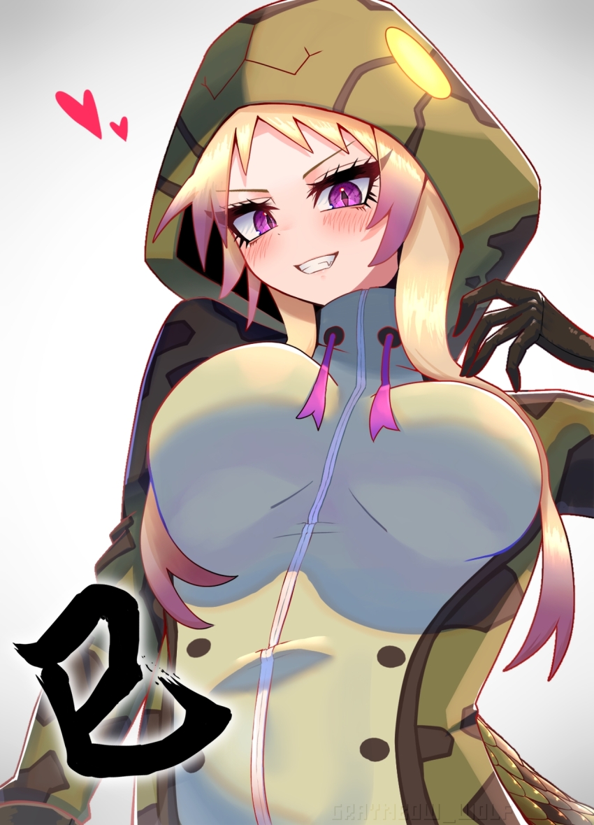 1girl african_rock_python_(kemono_friends) blonde_hair blush breasts drawstring gloves heart highres hood hood_up hooded_jacket hoodie jacket kemono_friends kemono_friends_3 large_breasts long_hair long_sleeves looking_at_viewer multicolored_hair nijiiro_(graynbow_wolf) open_mouth print_hoodie print_jacket purple_eyes purple_hair skirt smile snake_girl snake_hood snake_print snake_tail tail two-tone_hair