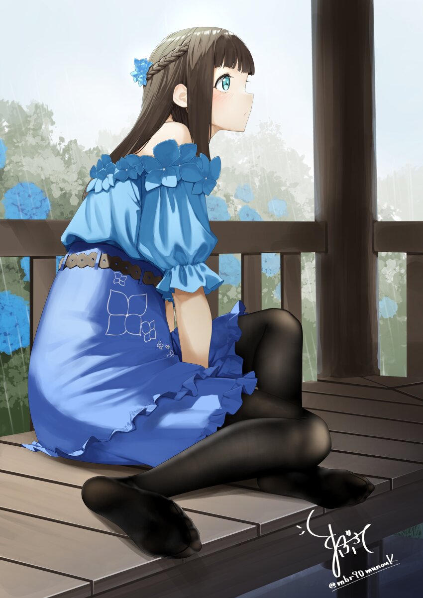 1girl absurdres aqua_eyes bare_shoulders belt_around_waist bench between_legs black_pantyhose blue_dress blue_flower blue_skirt blunt_bangs braid brown_hair crown_braid dress feet flower frilled_skirt frills from_side hair_flower hair_ornament half_up_braid hand_between_legs high-waist_skirt highres legs long_hair looking_ahead maburoku no_shoes off-shoulder_shirt off_shoulder on_bench original pantyhose puffy_short_sleeves puffy_sleeves rain shirt short_sleeves signature sitting skirt soles strapless strapless_shirt toes twitter_username wooden_bench