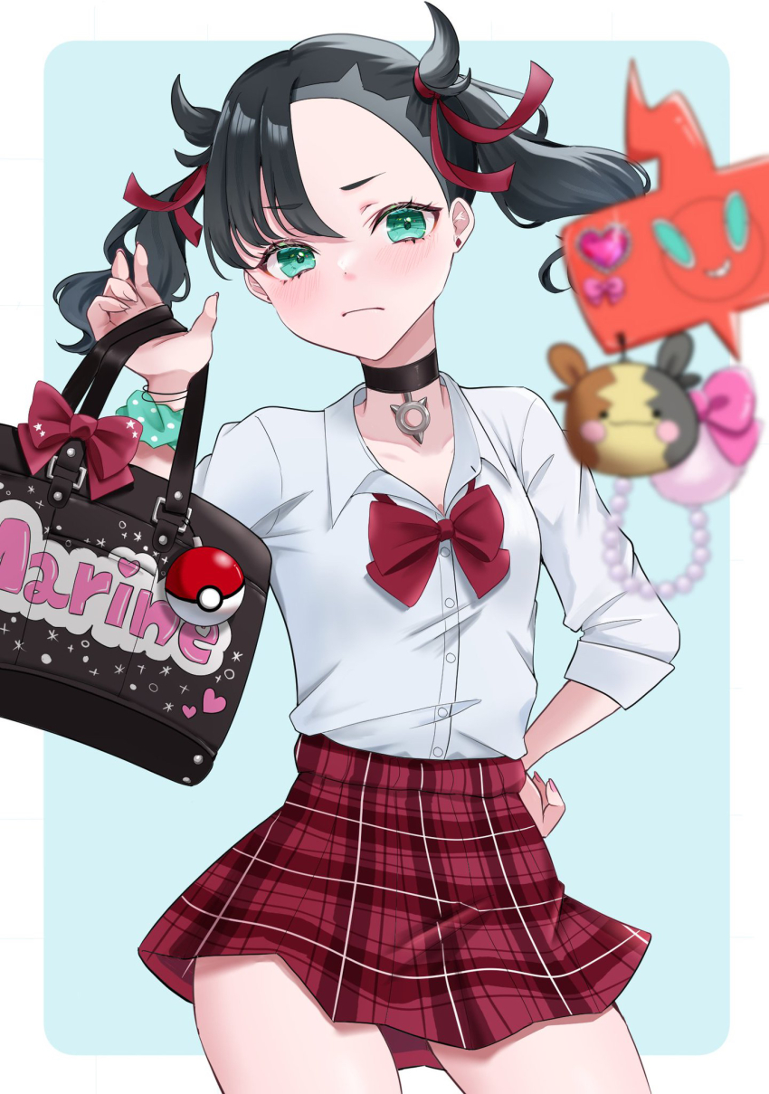 1girl bag black_choker black_hair bow bowtie choker commentary ditto gen_1_pokemon gen_4_pokemon gen_8_pokemon green_eyes gyaru hair_ribbon highres holding holding_bag looking_at_viewer marnie_(pokemon) miniskirt morpeko morpeko_(full) nintendo plaid_clothes plaid_skirt poke_ball poke_ball_(basic) pokemon pokemon_swsh red_bow red_bowtie red_ribbon ribbon rotom rotom_phone school_bag school_uniform serafuku shirocat_0121 shirt skirt solo transformed_ditto twintails white_shirt