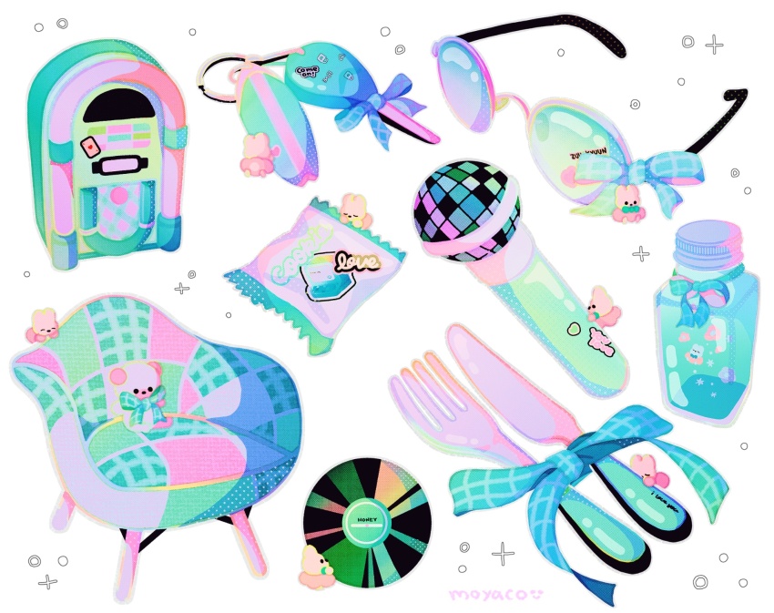 artist_name bow candy_wrapper cd chair charm_(object) closed_eyes creature cutlery english_text fork glasses highres jukebox key knife microphone moyaco no_humans original signature simple_background solid_circle_eyes solid_eyes white_background