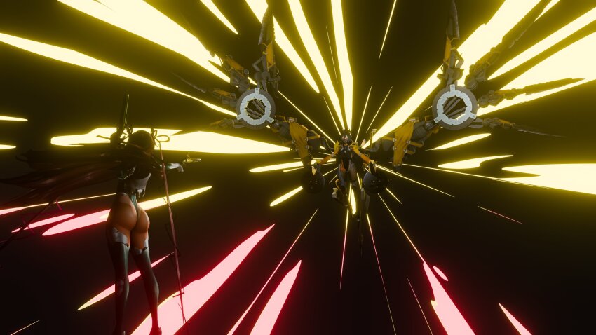 2girls 3d absurdres action_taimanin aiming alternate_costume ass back blush breasts brown_hair character_request curvy dark-skinned_female dark_skin detached_collar floating_hair gun hands_on_own_hips high_heels highleg highleg_leotard highres holding holding_gun holding_weapon huge_ass jacket large_breasts leotard long_hair looking_at_another mechanical_wings mizuki_yukikaze mizuki_yukikaze_(lightning_onyx) multiple_girls official_alternate_costume one-piece_tan revealing_clothes ryona see-through_clothes see-through_leotard shiny_clothes shiny_skin small_breasts standing taimanin_(series) taimanin_yukikaze tan tanline thighs thong_leotard transparent_leotard twintails two_side_up very_long_hair weapon wings
