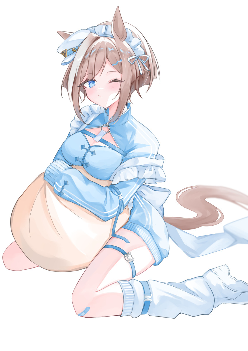 1girl absurdres animal_ears blue_eyes blue_jacket breasts brown_hair cheval_grand_(umamusume) cleavage cleavage_cutout closed_mouth clothing_cutout commentary_request grey_hair hat highres horse_ears horse_girl horse_tail jacket jersey_maid long_sleeves looking_at_viewer maid medium_breasts moko_(mokochisa) multicolored_hair one_eye_closed peaked_cap puffy_long_sleeves puffy_sleeves shoes simple_background sitting socks solo streaked_hair tail thigh_strap tilted_headwear umamusume unconventional_maid wariza white_background white_hat white_shoes white_socks