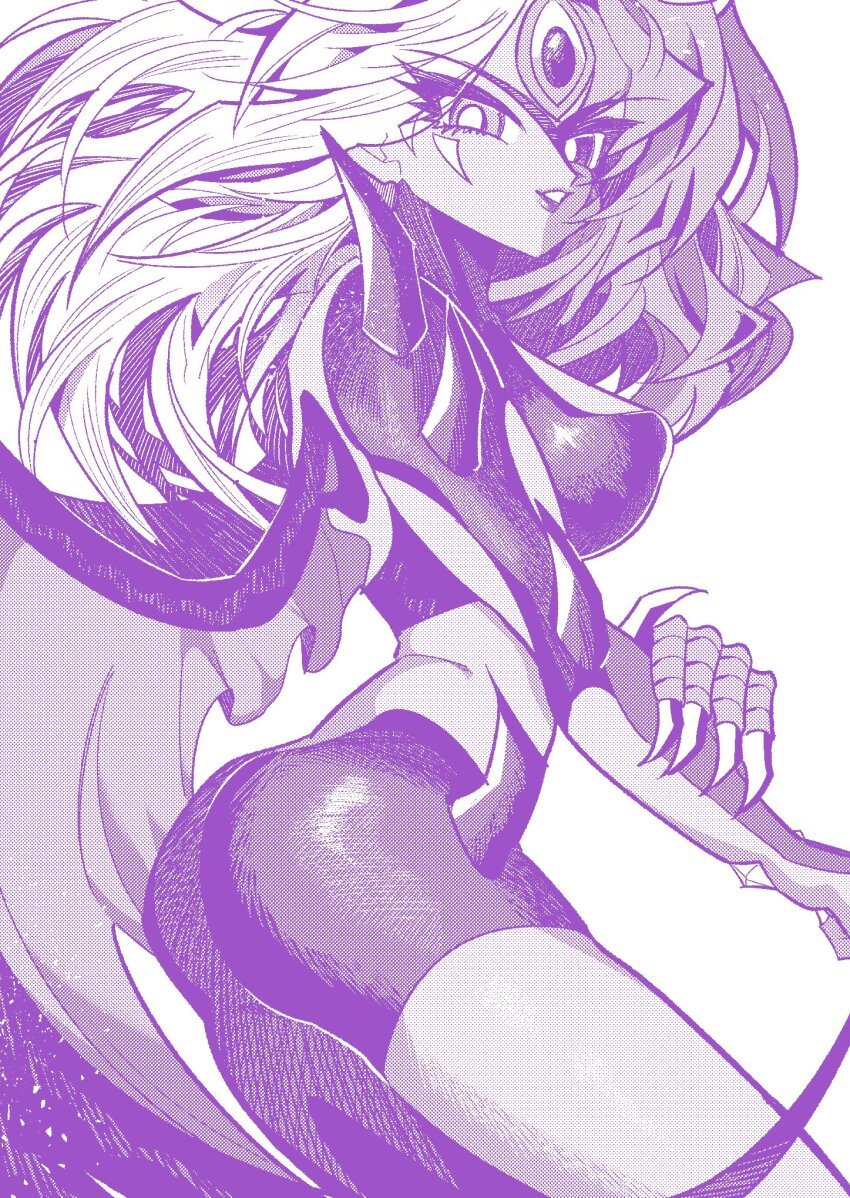 1girl ass breasts covered_erect_nipples cowboy_shot demon_girl demon_wings duel_monster halftone highres large_breasts long_hair monochrome multicolored_hair poniponi_funnu purple_theme simple_background solo third_eye two-tone_hair white_background wings yu-gi-oh! yubel