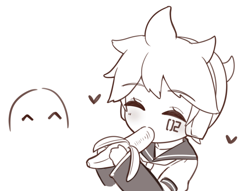 1boy 1other ^_^ arm_warmers banana c_take0141 chibi closed_eyes commentary eating facial_mark food fruit heart kagamine_len monochrome simple_background vocaloid white_background