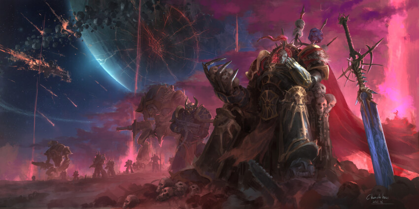 abbadon_the_despoiler absurdres adeptus_astartes armor armored_boots black_armor black_legion bolter bone boots breastplate burning chainsword chaos_(warhammer) chaos_space_marine chenchihuei clawed_gauntlets collegia_titanica commentary destruction english_commentary eyes_of_horus_(warhammer_40k) fake_horns fantasy fire full_armor gauntlets glowing glowing_eye glowing_eyes gold_trim greaves heavy_bolter helmet high_ponytail highres holding holding_skull horned_helmet horns long_hair pauldrons planet polearm ponytail power_armor power_sword red_eyes red_hair shoulder_armor skull skull_ornament solo_focus space spacecraft spiked_armor sword warhammer_40k weapon